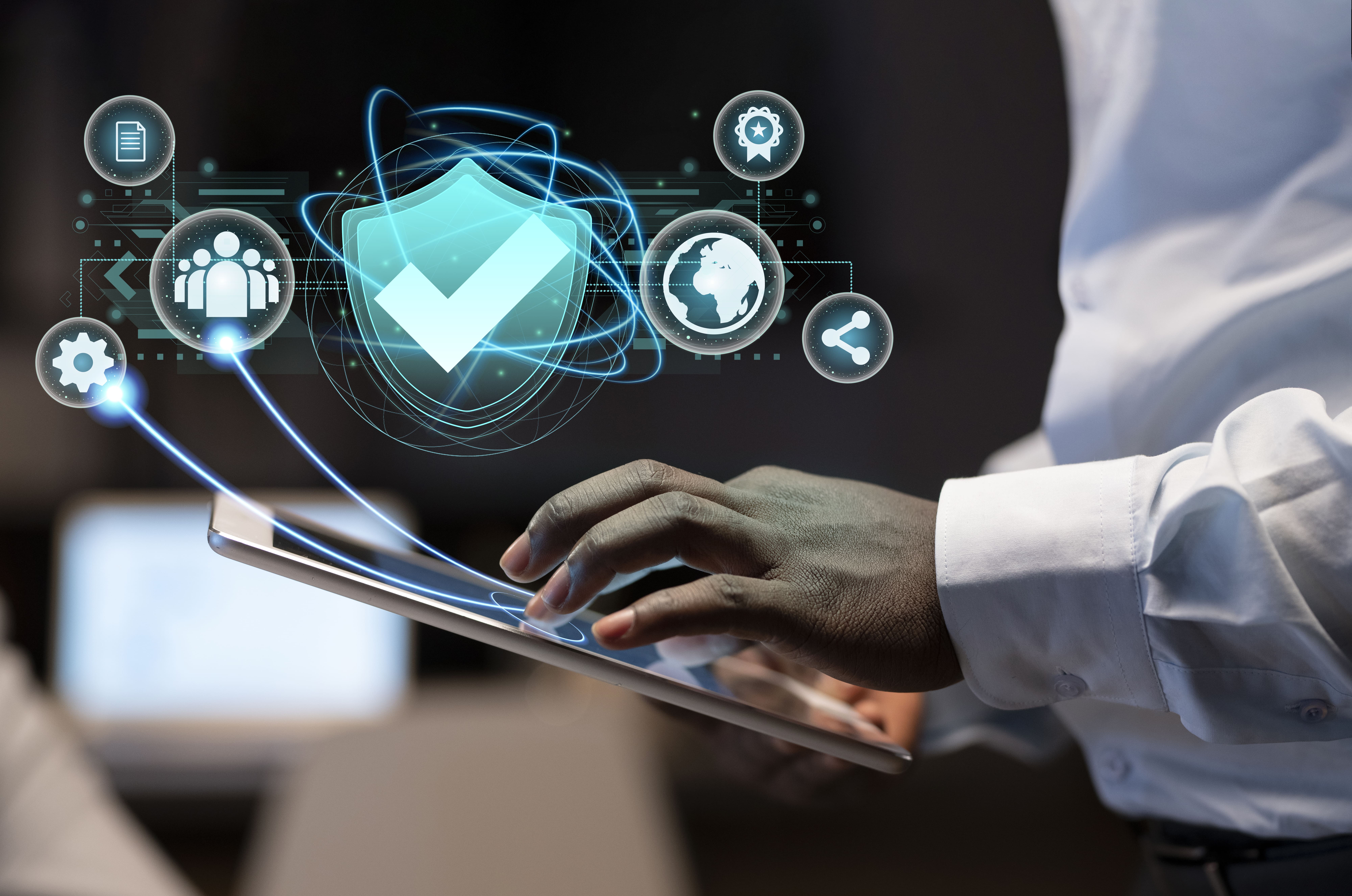 Digital shield protecting data as a concept for cybersecurity and compliance.